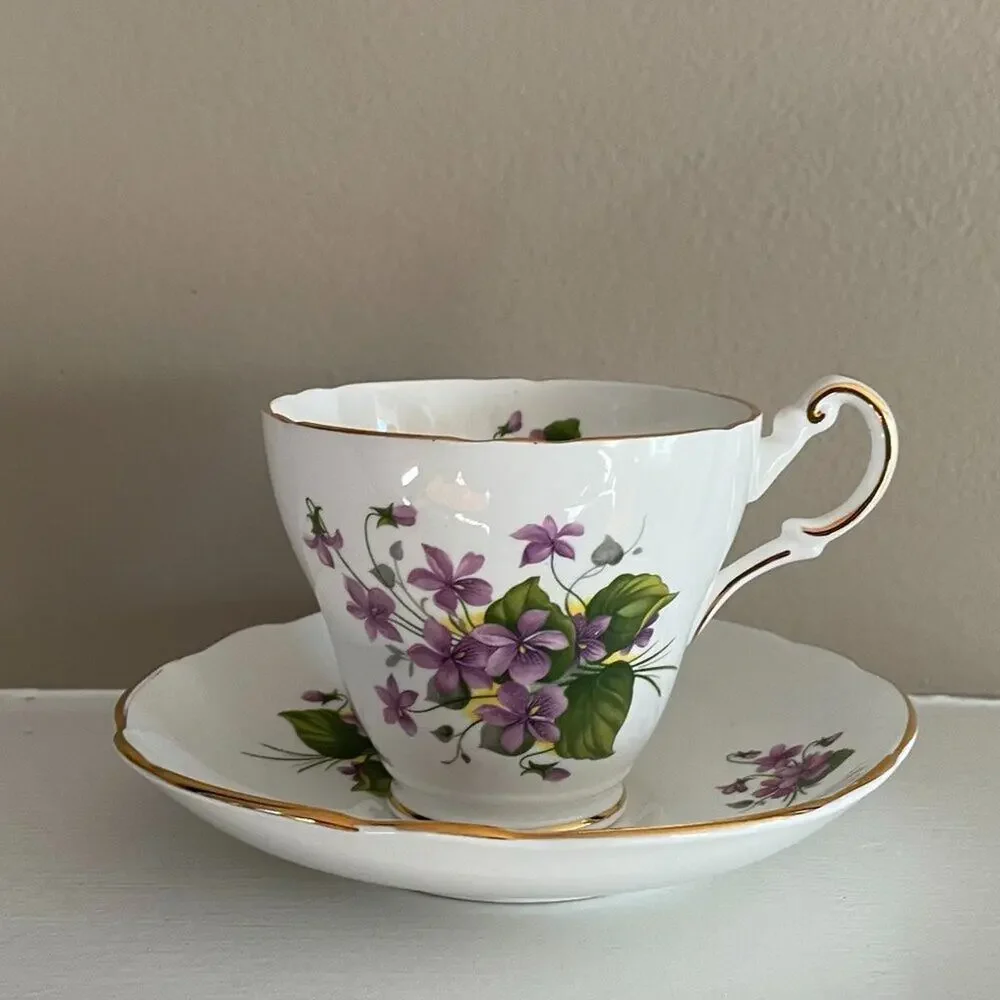 VTG Regency Bone China, England, Teacup & Saucer, Purple Floral, Gold Trim